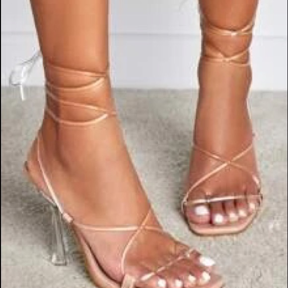 CLEAR TIE UP LACE UP STRAPPY LEG THONG SANDAL HEELS in TRANSPARENT & NUDE - Picture 4 of 7